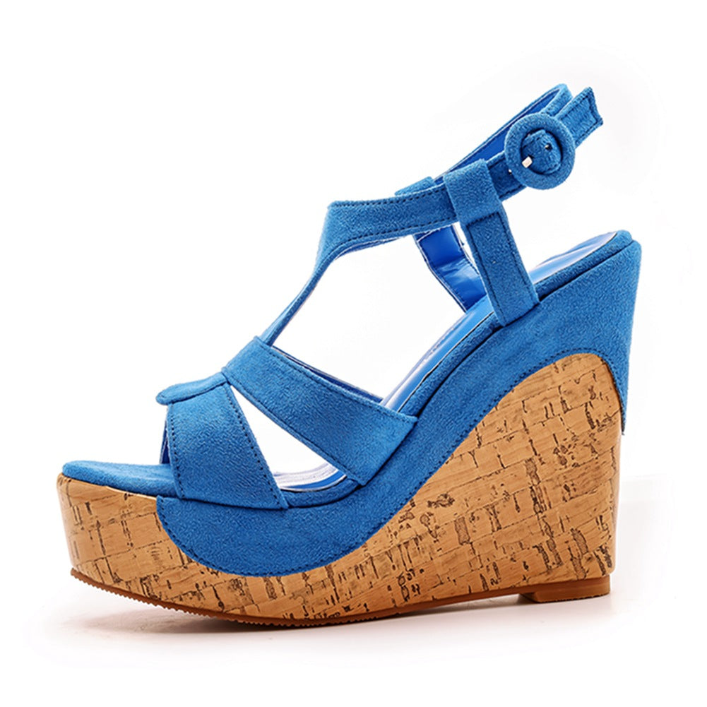 Wildleder-Holzmaserung Peeptoe-Plateau-Wedges-Sandalen