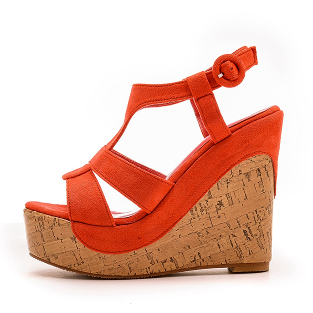 Wildleder-Holzmaserung Peeptoe-Plateau-Wedges-Sandalen