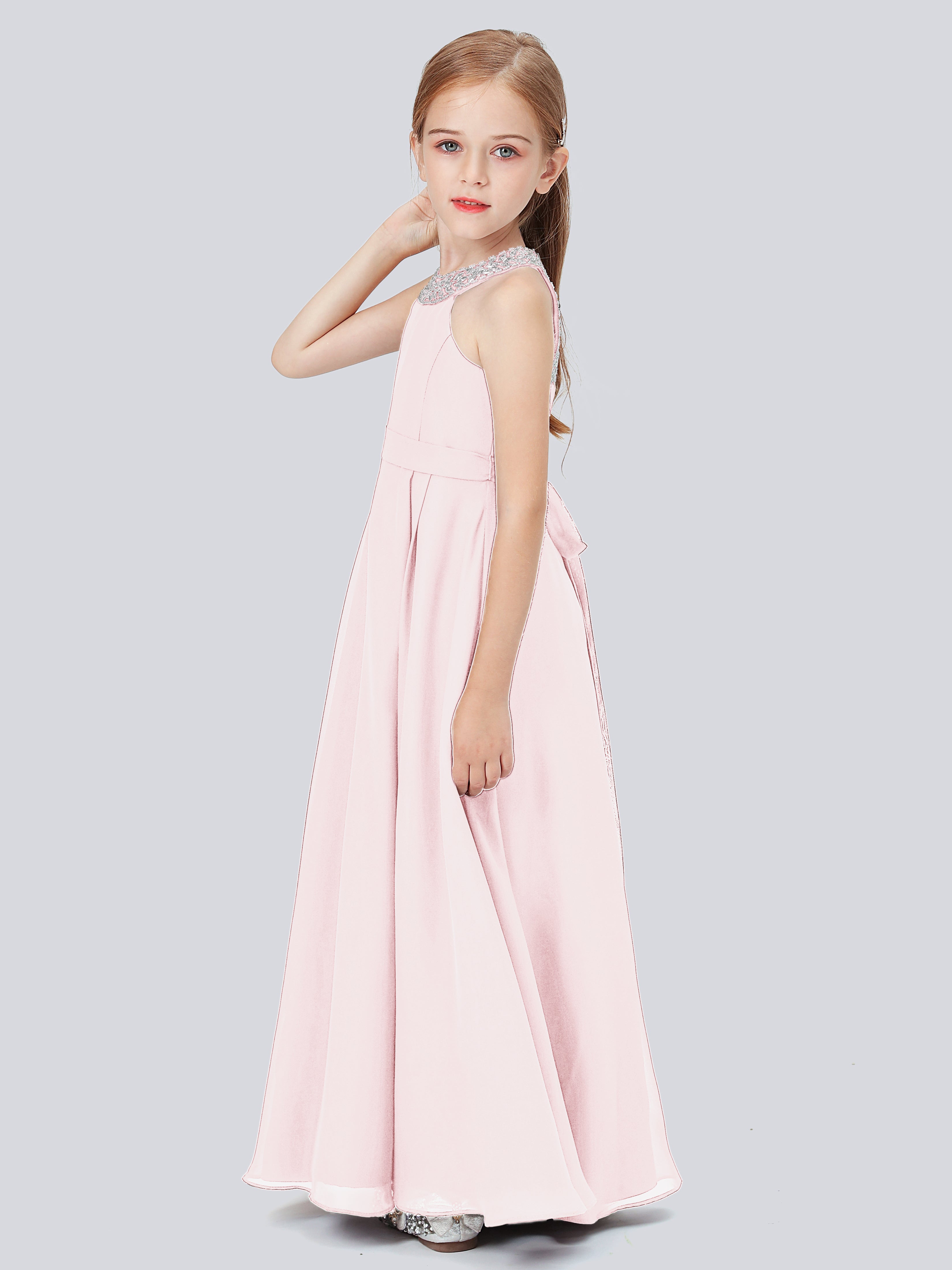 Chiffon Kleid für Junge Brautjungfern mit Perlenausschnitt