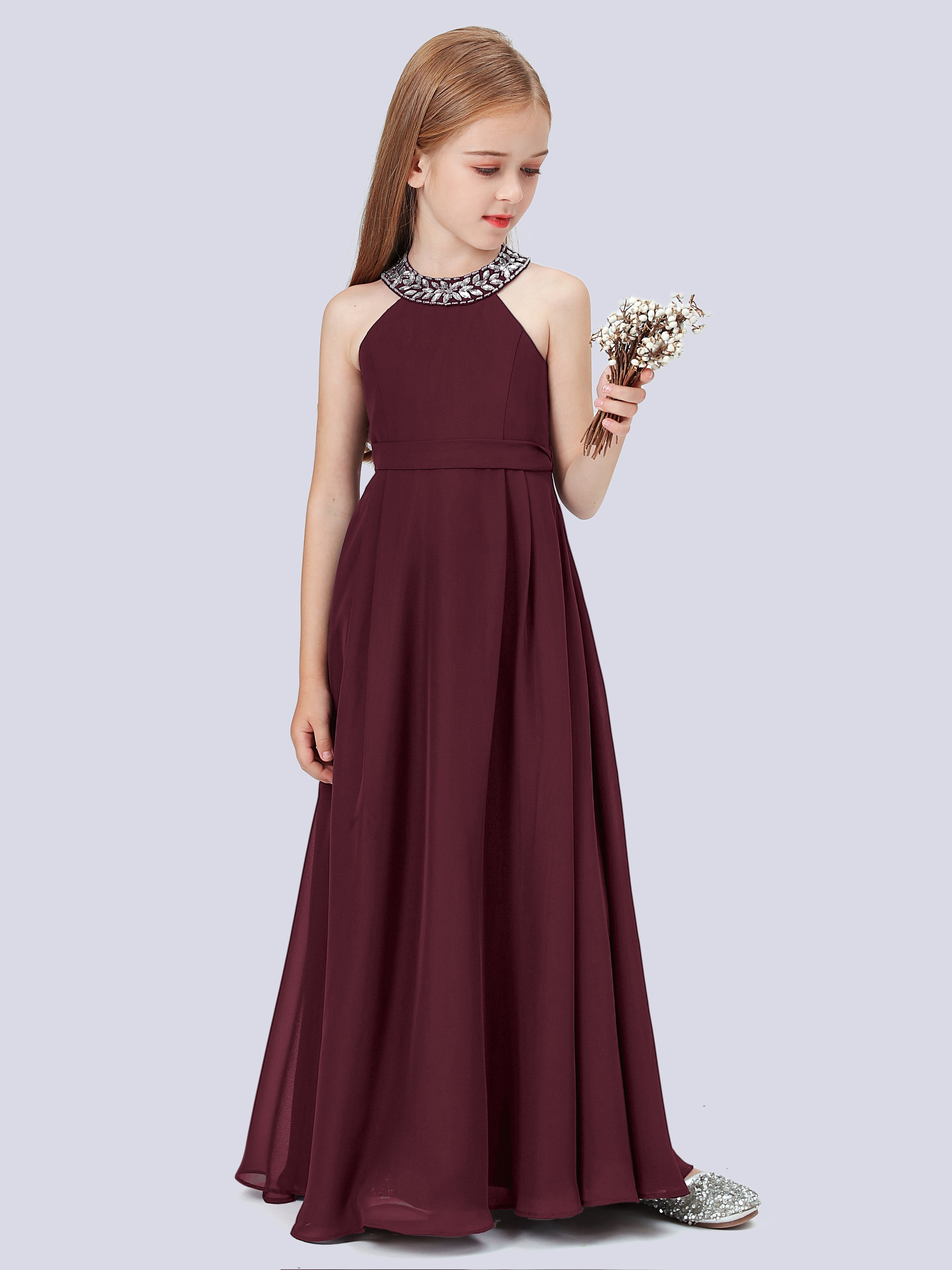 Chiffon Kleid für Junge Brautjungfern mit Perlenausschnitt