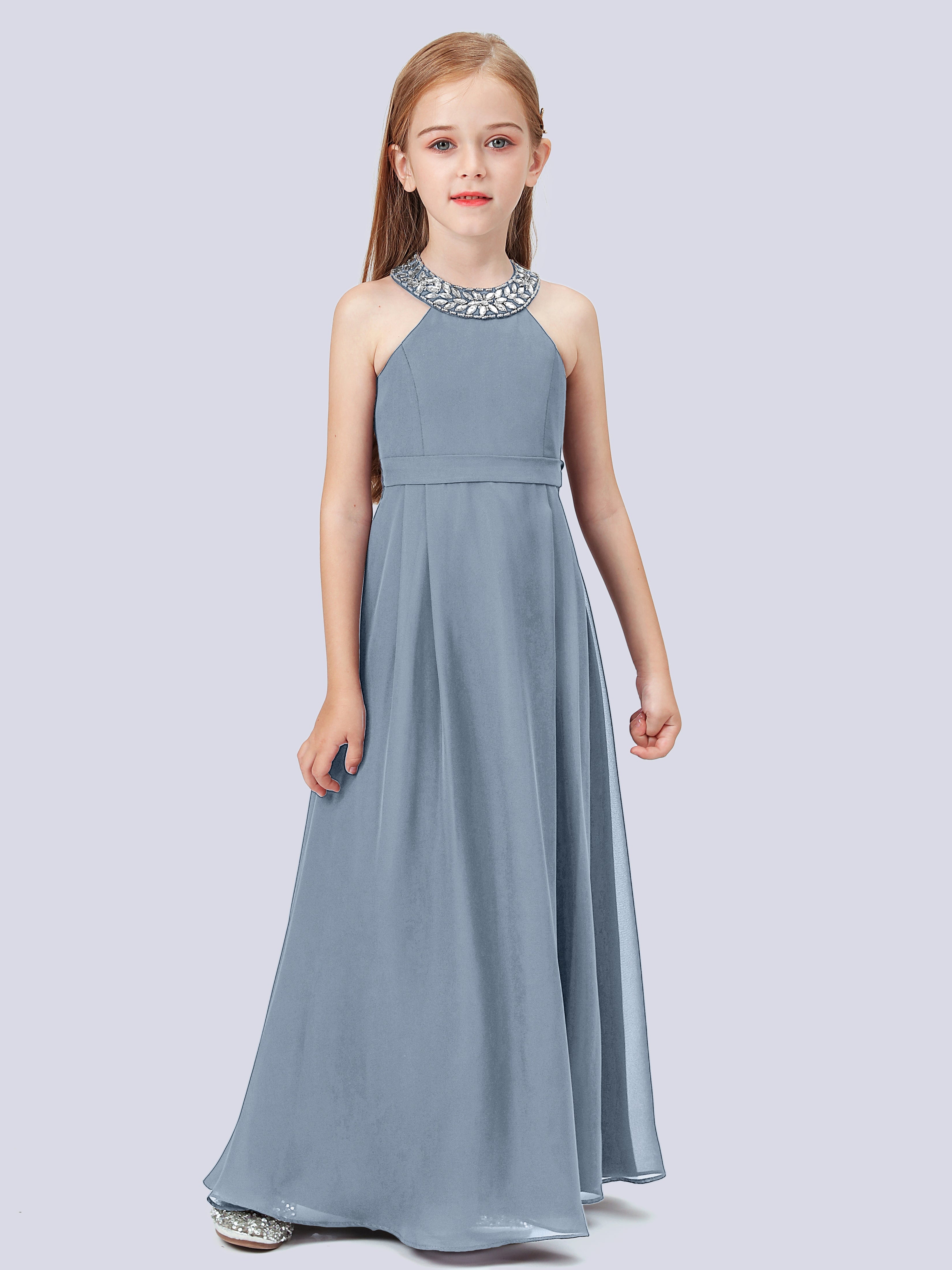 Chiffon Kleid für Junge Brautjungfern mit Perlenausschnitt