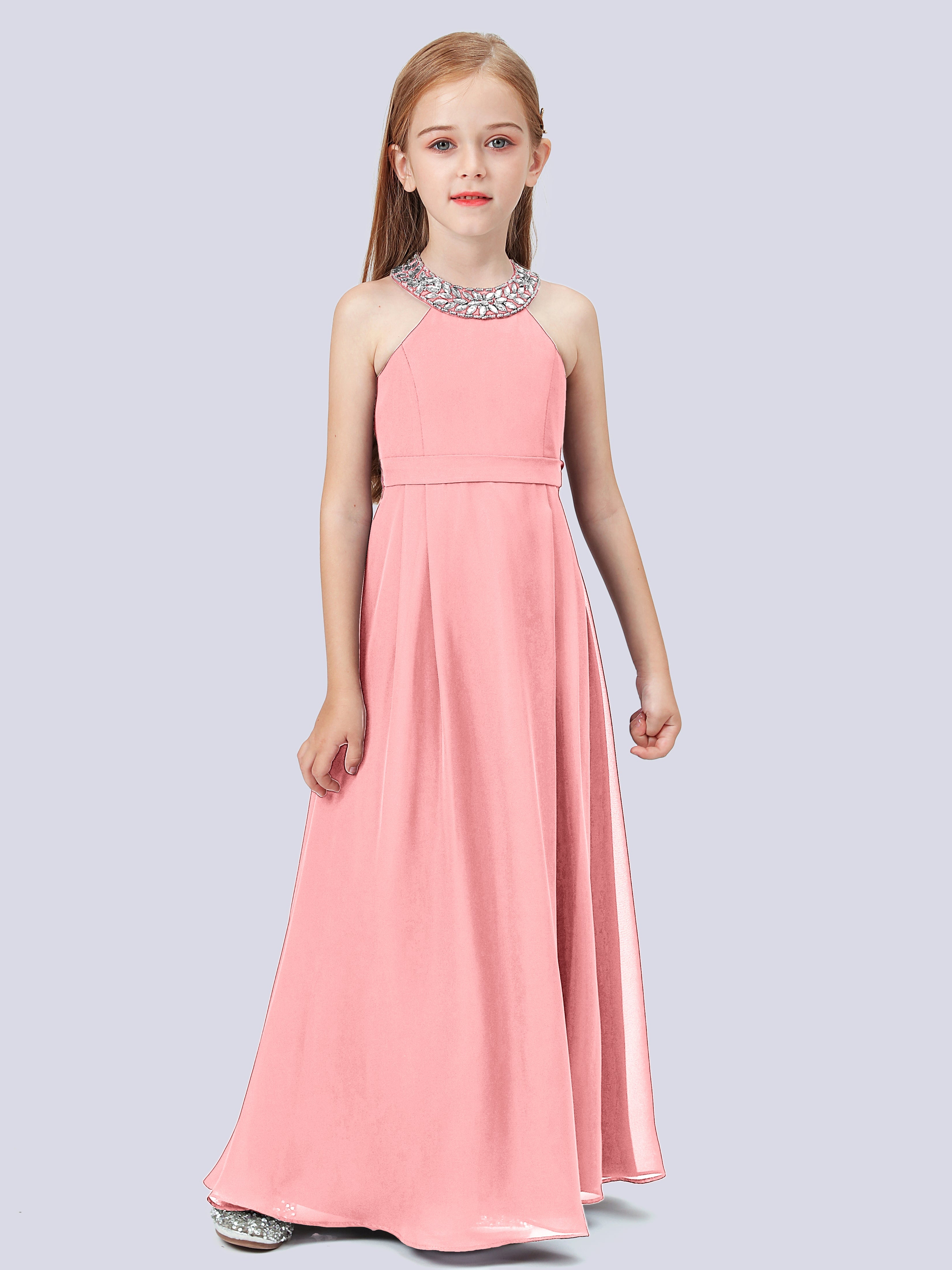 Chiffon Kleid für Junge Brautjungfern mit Perlenausschnitt