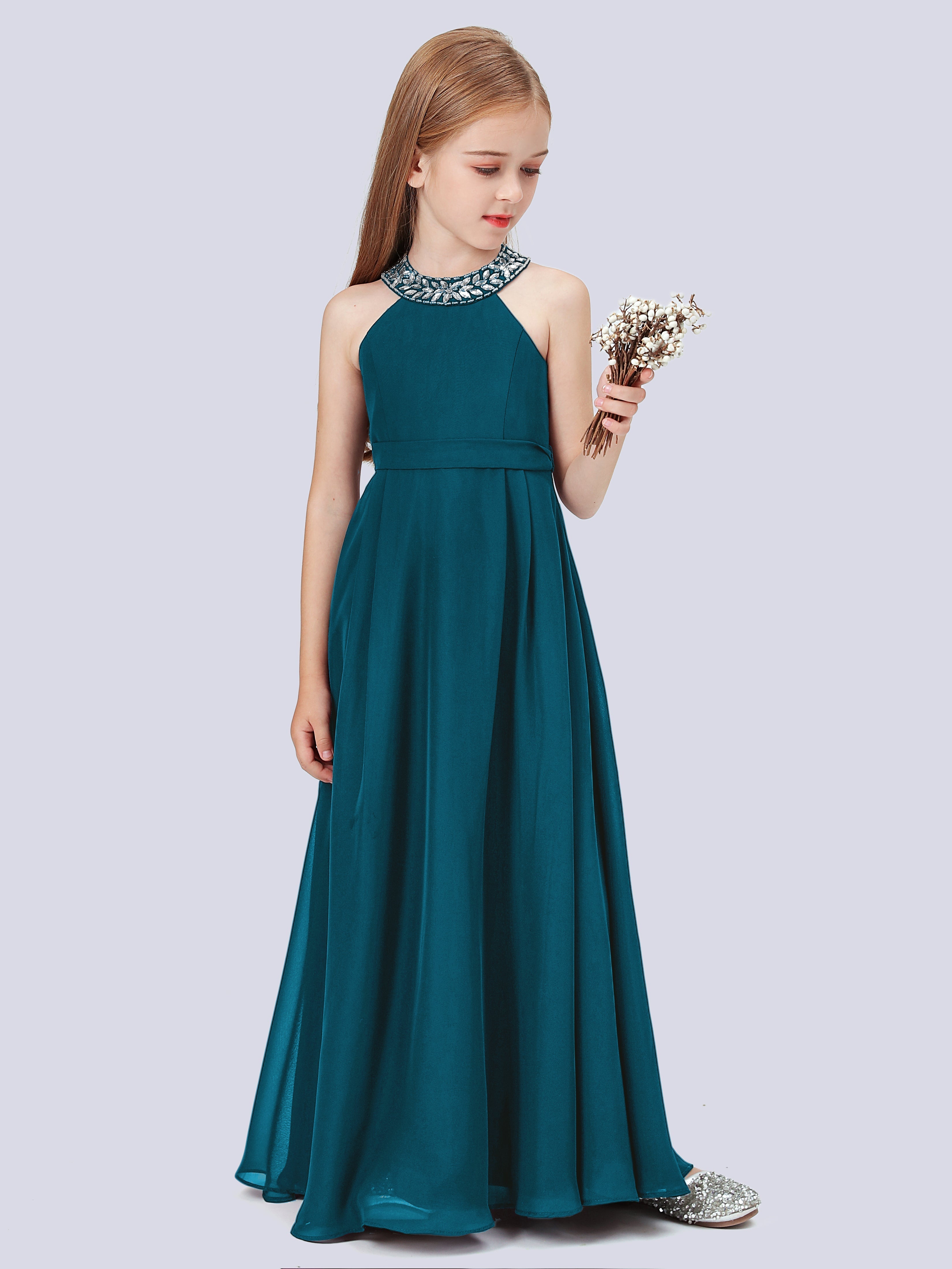 Chiffon Kleid für Junge Brautjungfern mit Perlenausschnitt