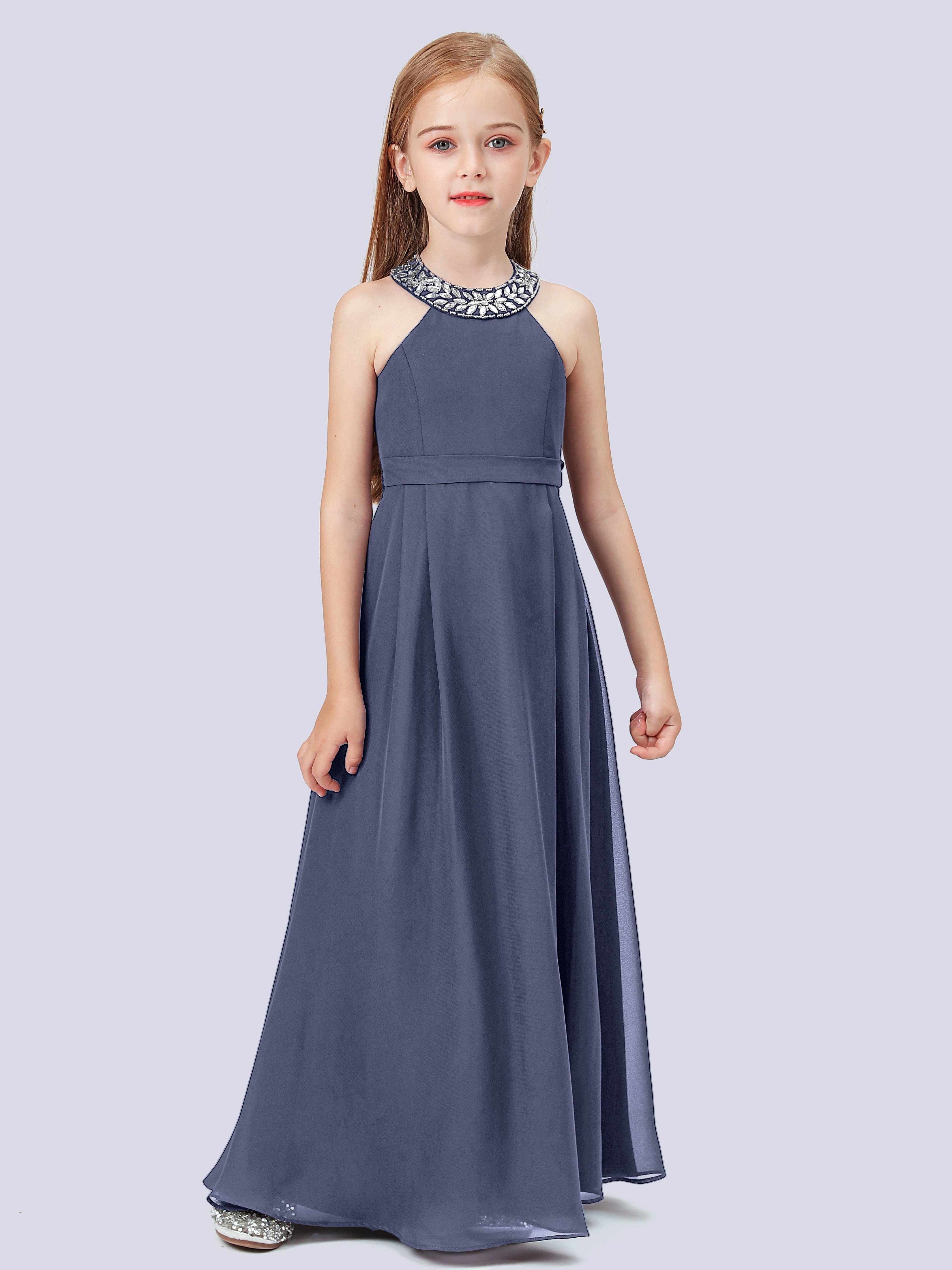 Chiffon Kleid für Junge Brautjungfern mit Perlenausschnitt