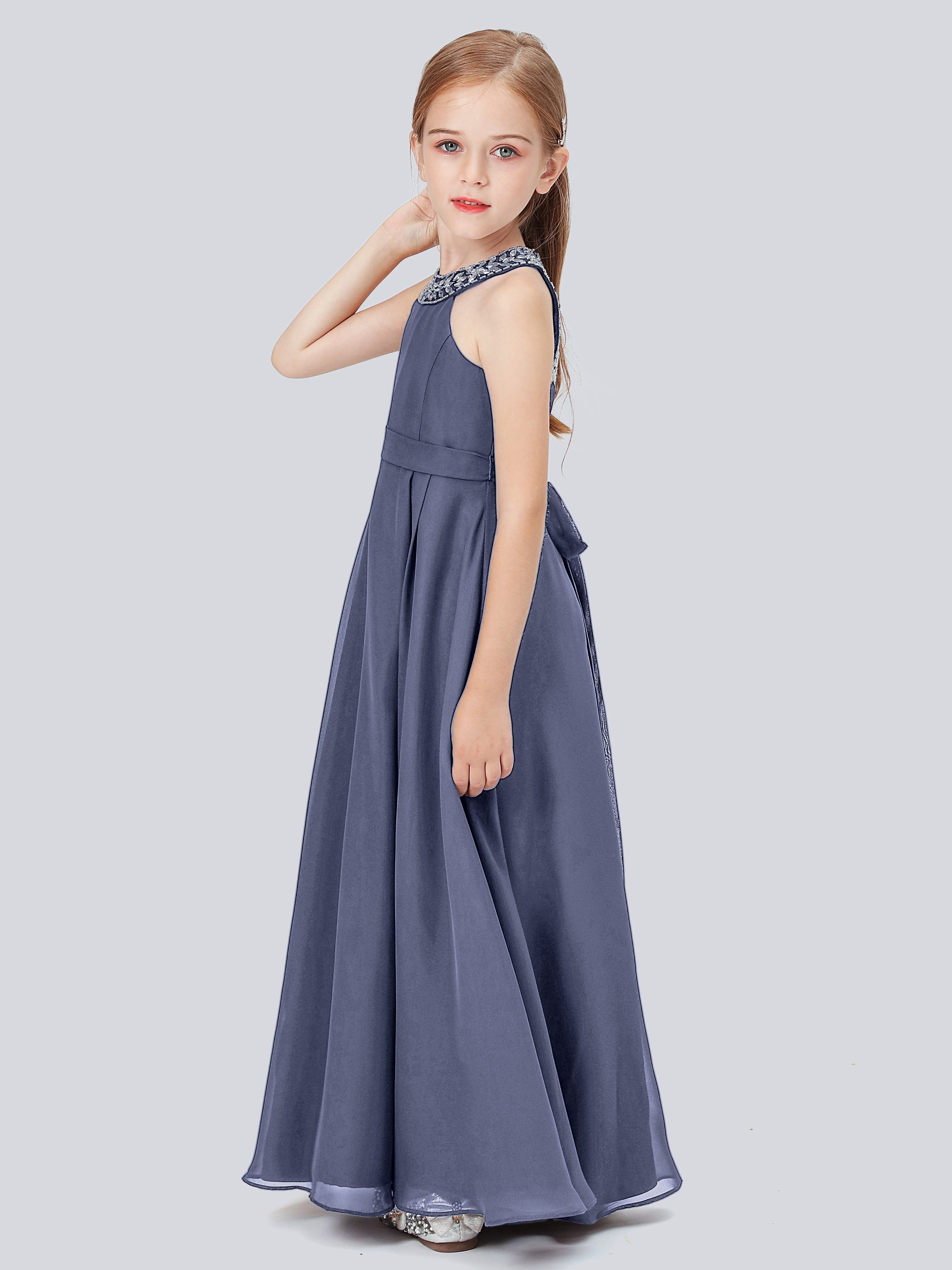 Chiffon Kleid für Junge Brautjungfern mit Perlenausschnitt