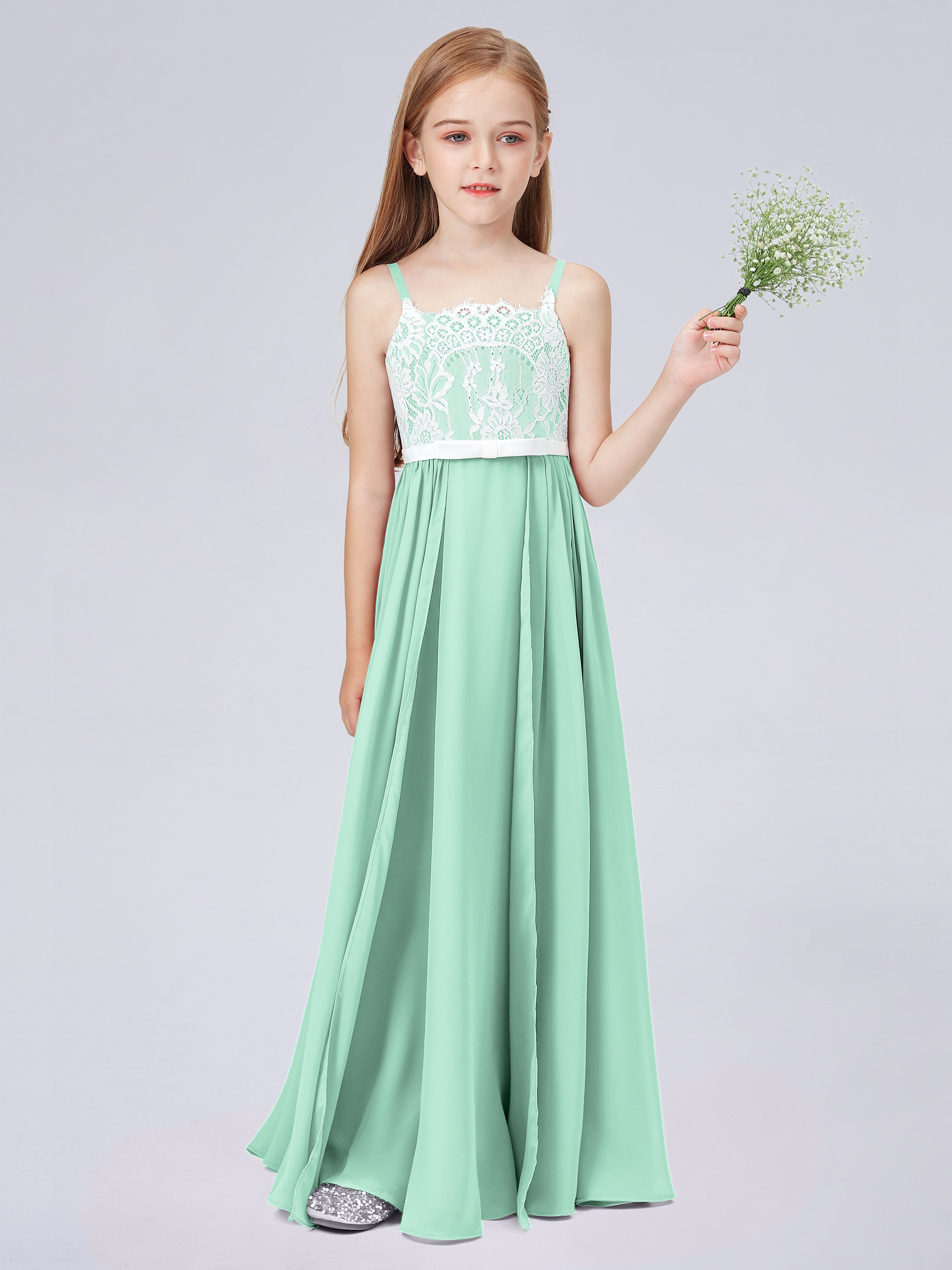Spitzenkleid für Junge Brautjungfern mit Spaghettiträgern