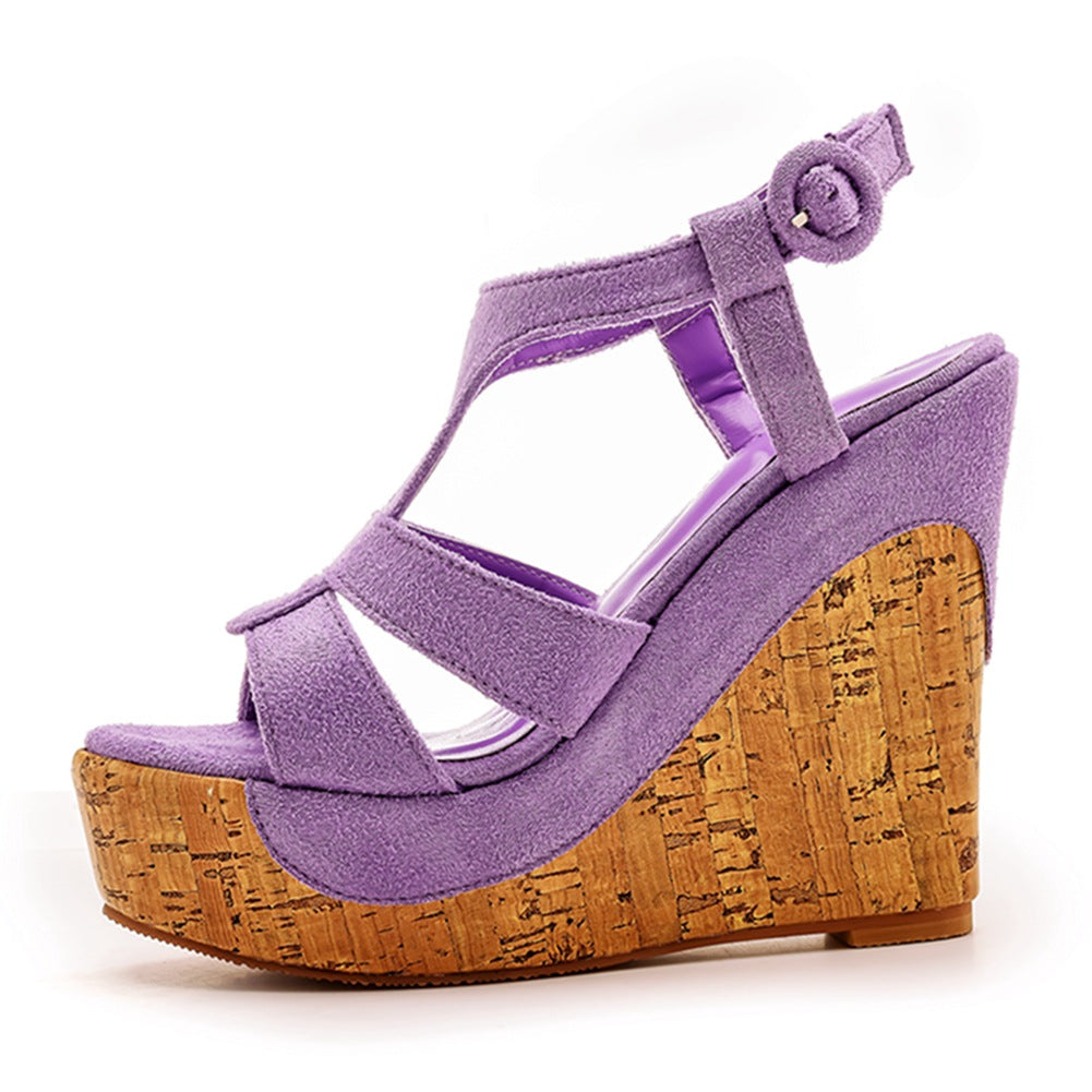 Wildleder-Holzmaserung Peeptoe-Plateau-Wedges-Sandalen