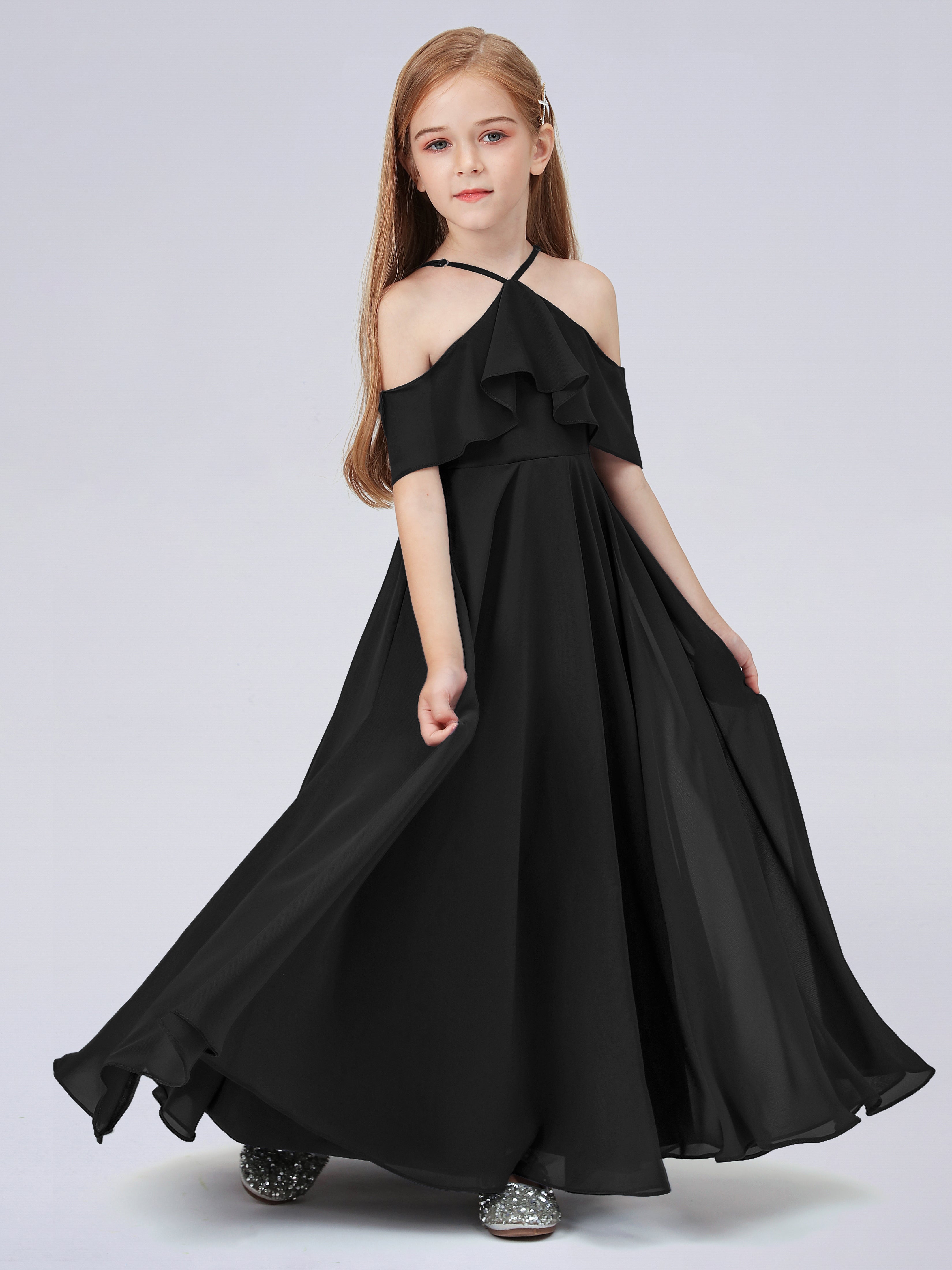 Schulterfreies Chiffon Kleid für Junge Brautjungfern mit Falten