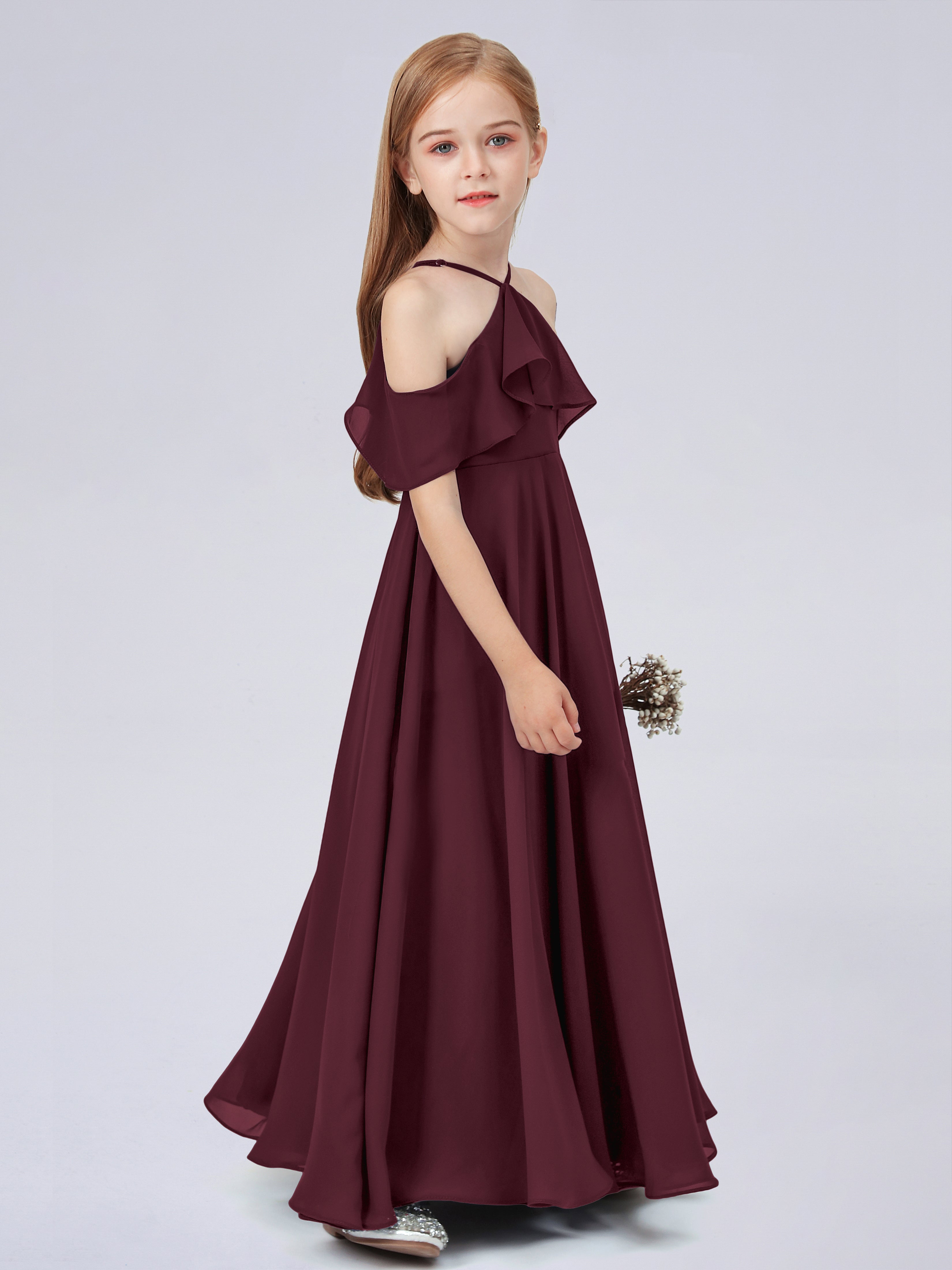 Schulterfreies Chiffon Kleid für Junge Brautjungfern mit Falten