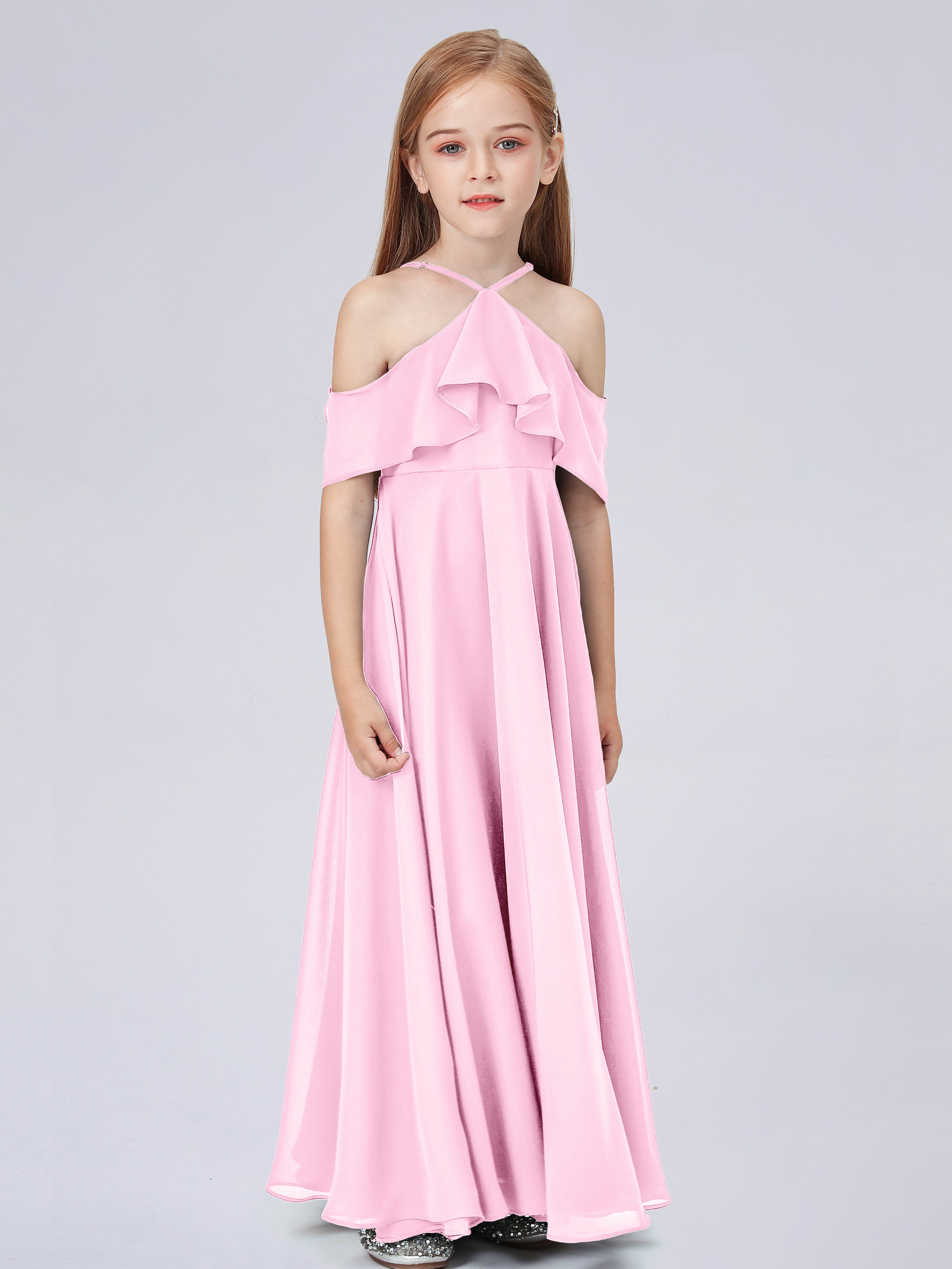 Schulterfreies Chiffon Kleid für Junge Brautjungfern mit Falten