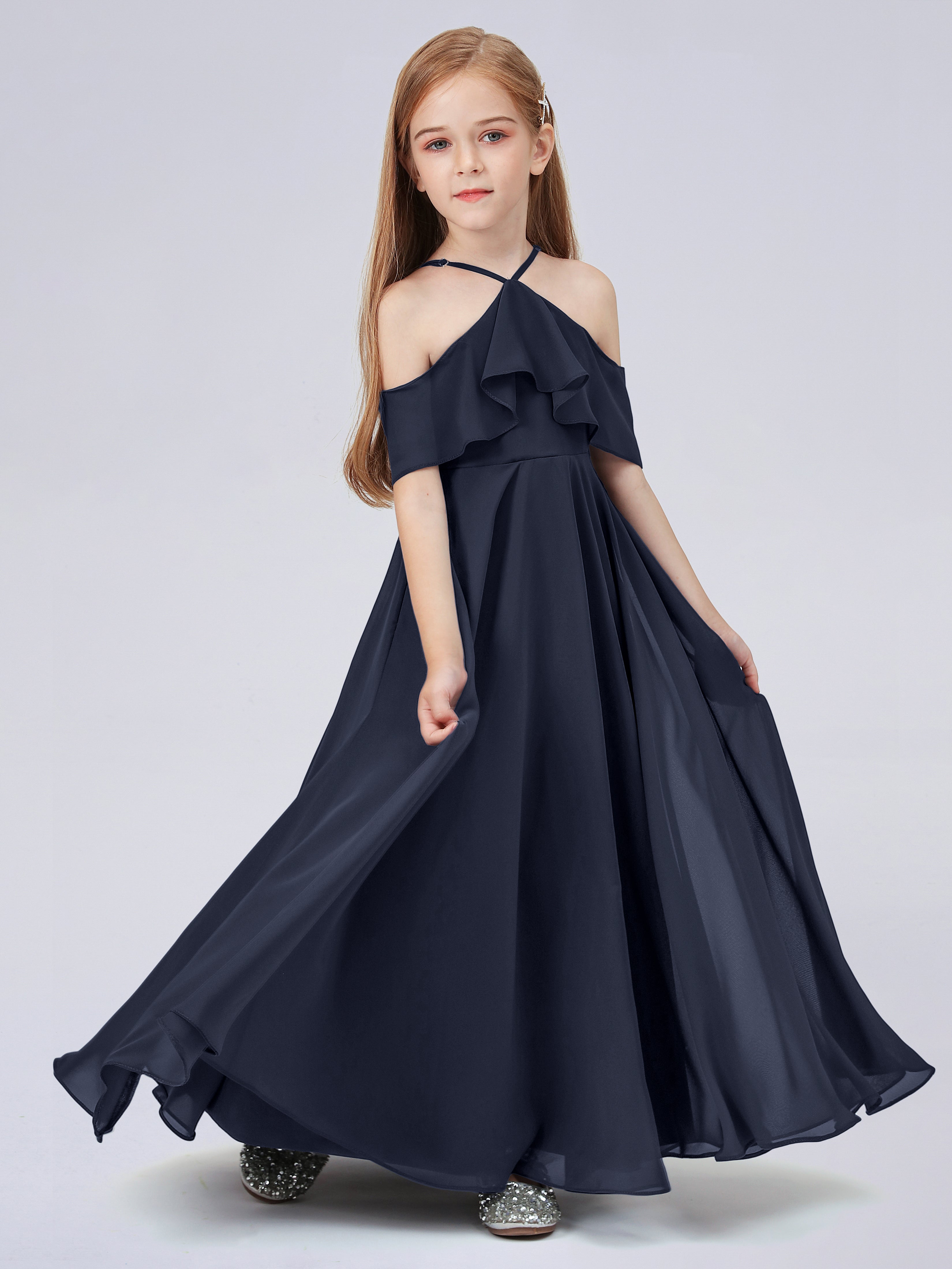 Schulterfreies Chiffon Kleid für Junge Brautjungfern mit Falten