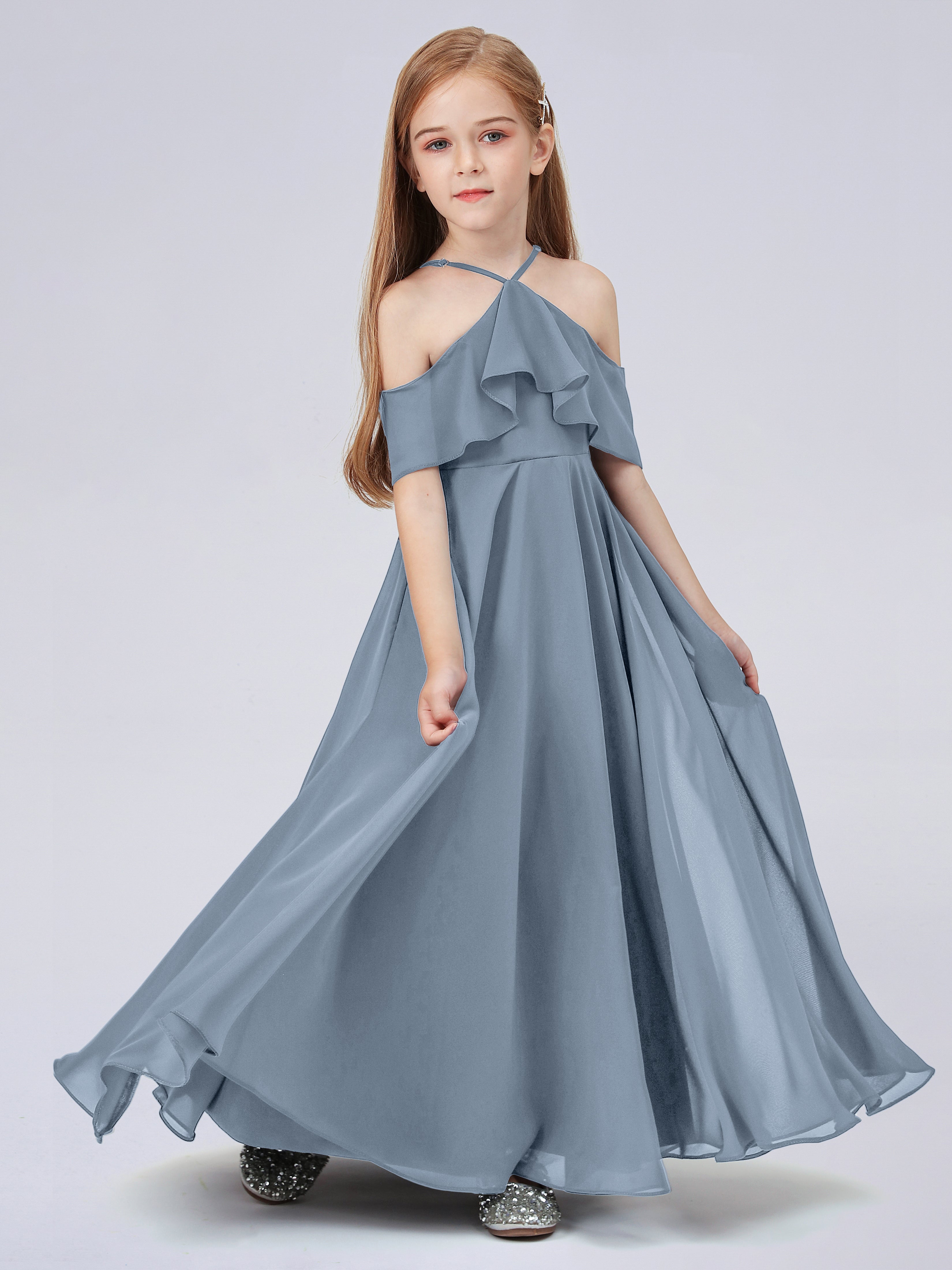 Schulterfreies Chiffon Kleid für Junge Brautjungfern mit Falten