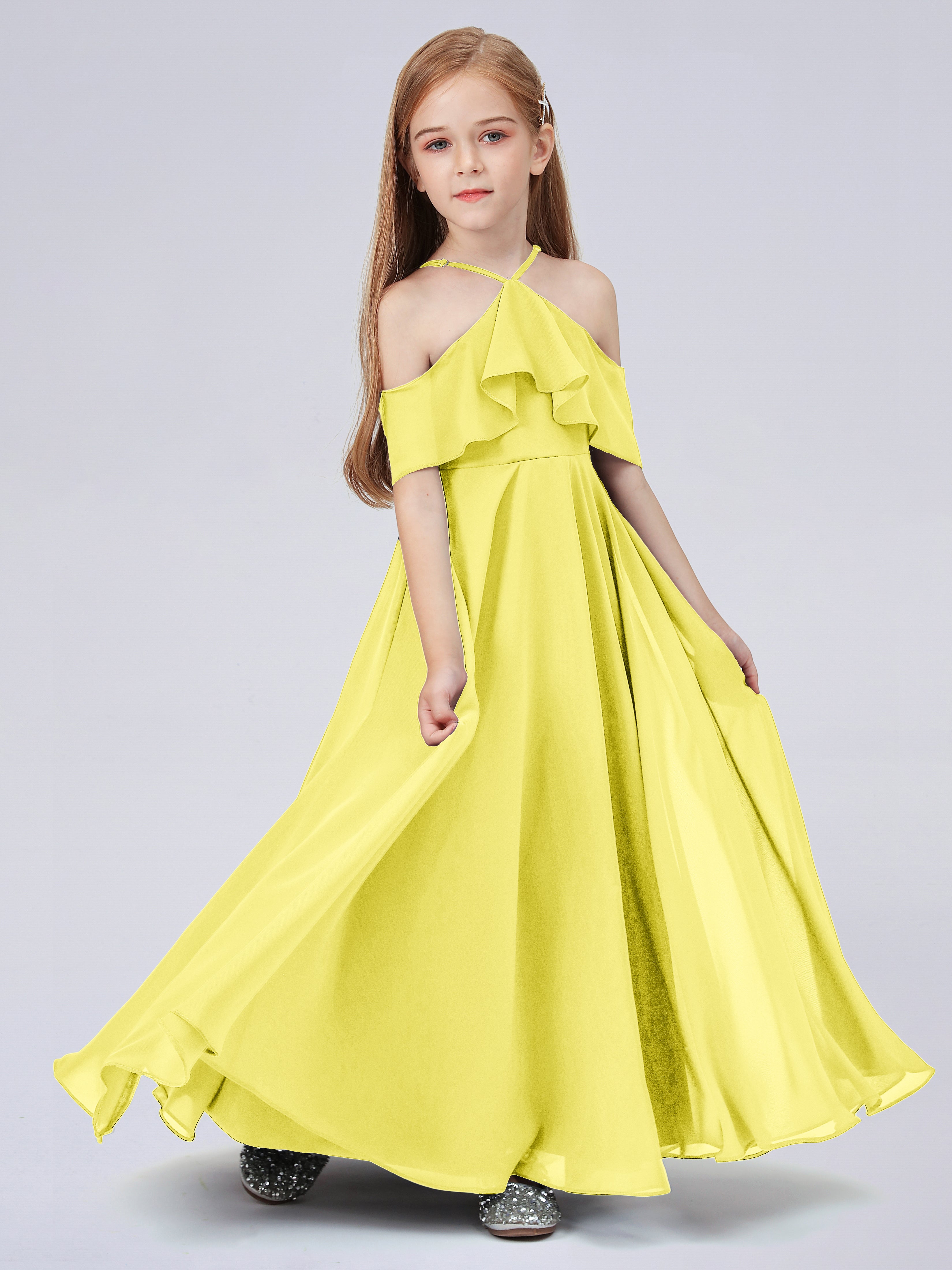 Schulterfreies Chiffon Kleid für Junge Brautjungfern mit Falten