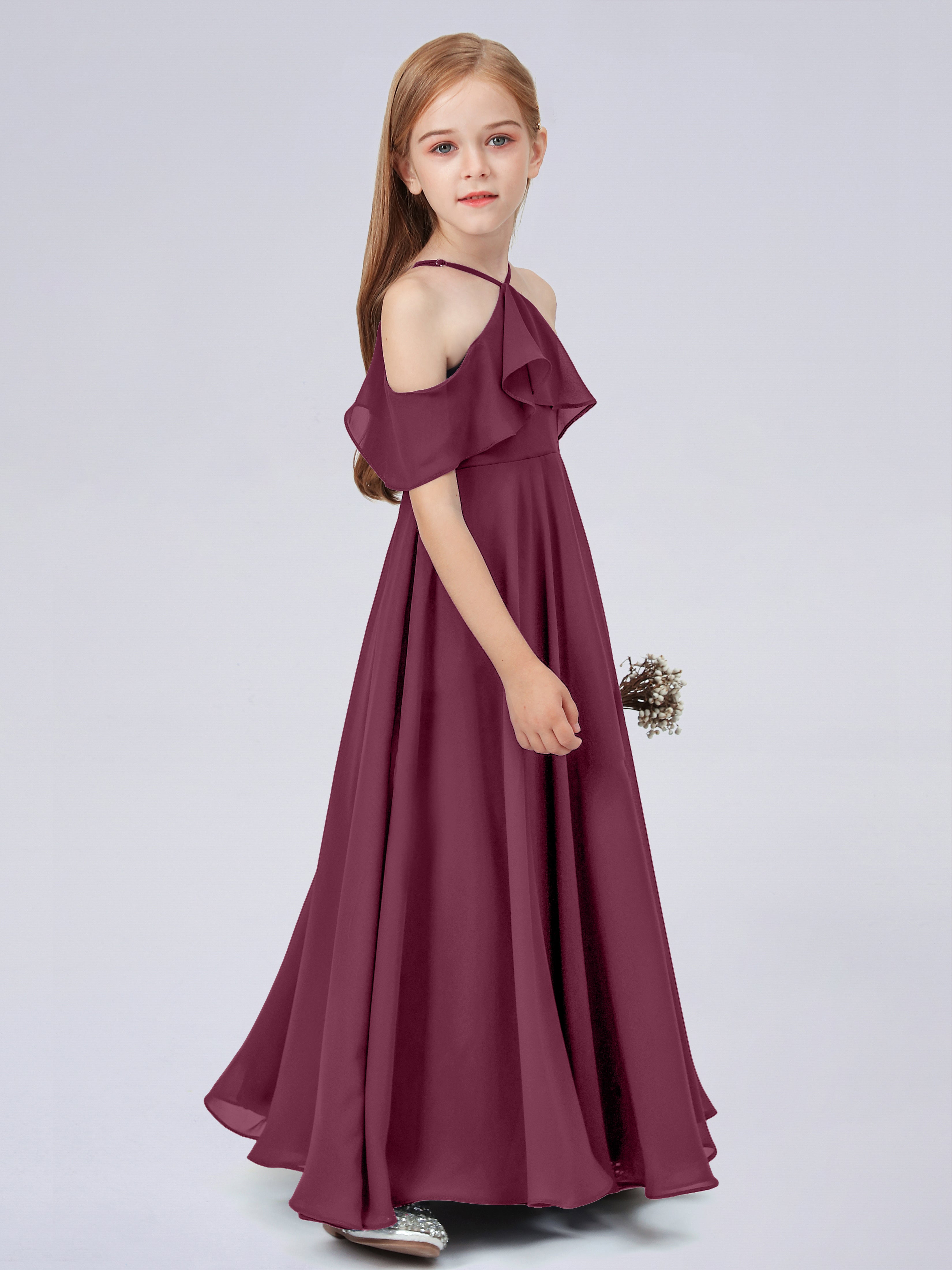 Schulterfreies Chiffon Kleid für Junge Brautjungfern mit Falten