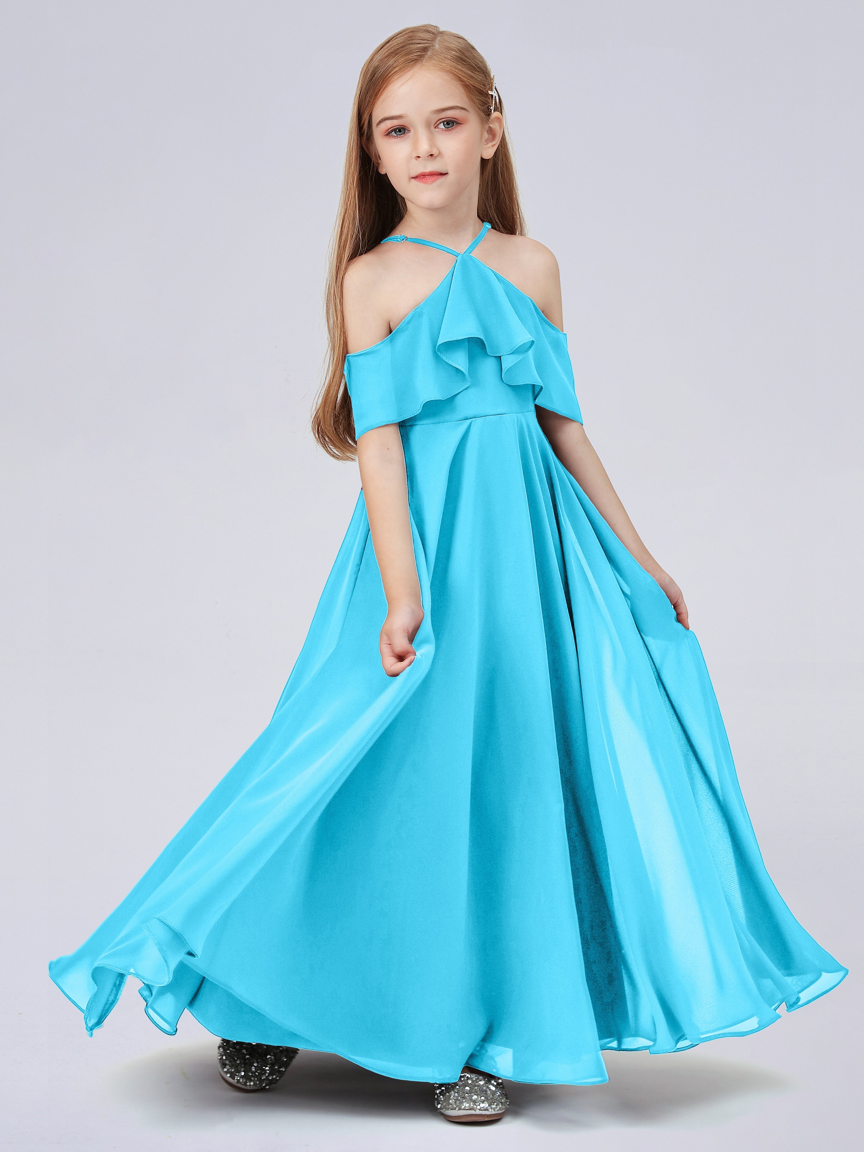 Schulterfreies Chiffon Kleid für Junge Brautjungfern mit Falten