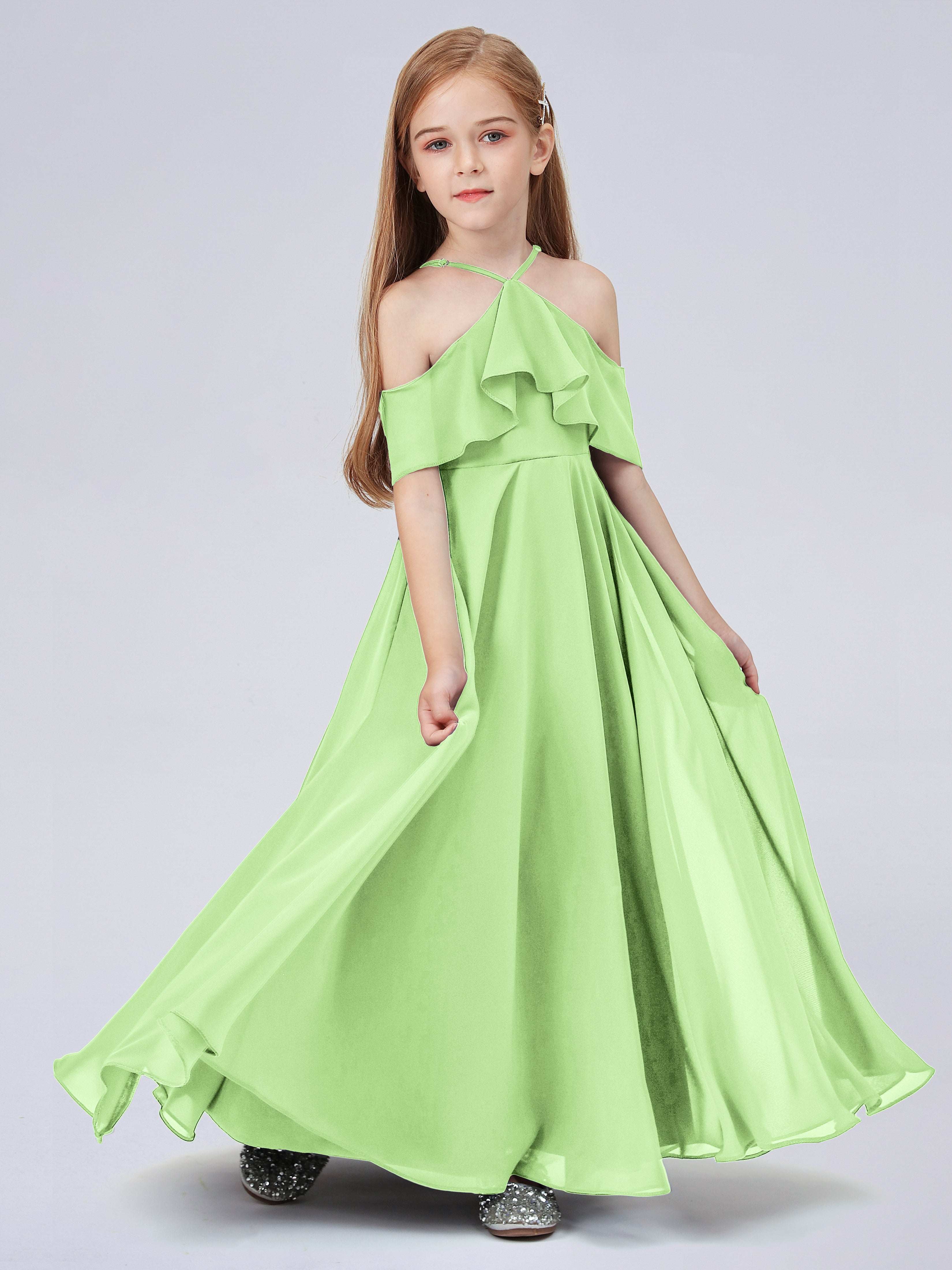 Schulterfreies Chiffon Kleid für Junge Brautjungfern mit Falten