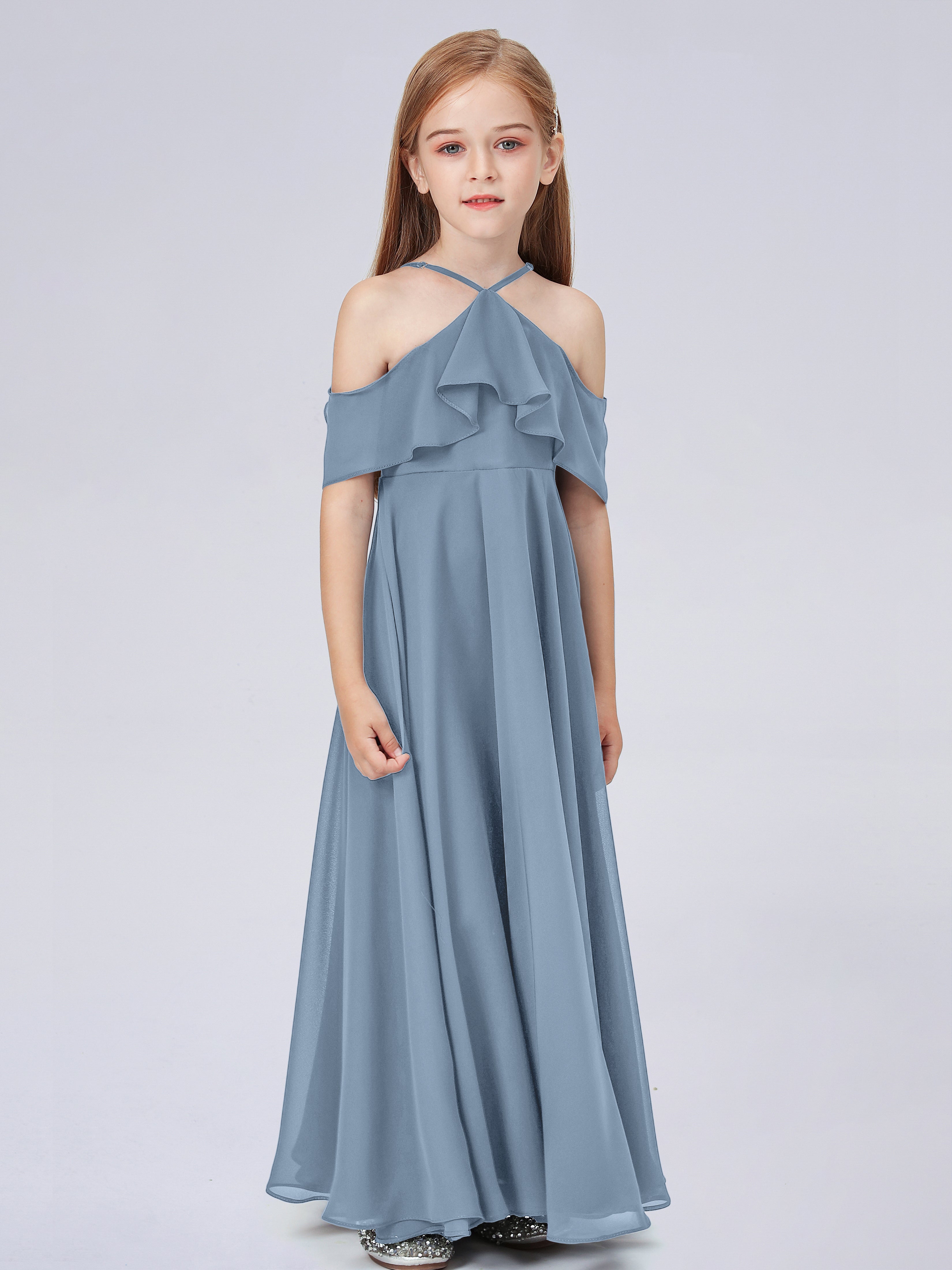 Schulterfreies Chiffon Kleid für Junge Brautjungfern mit Falten