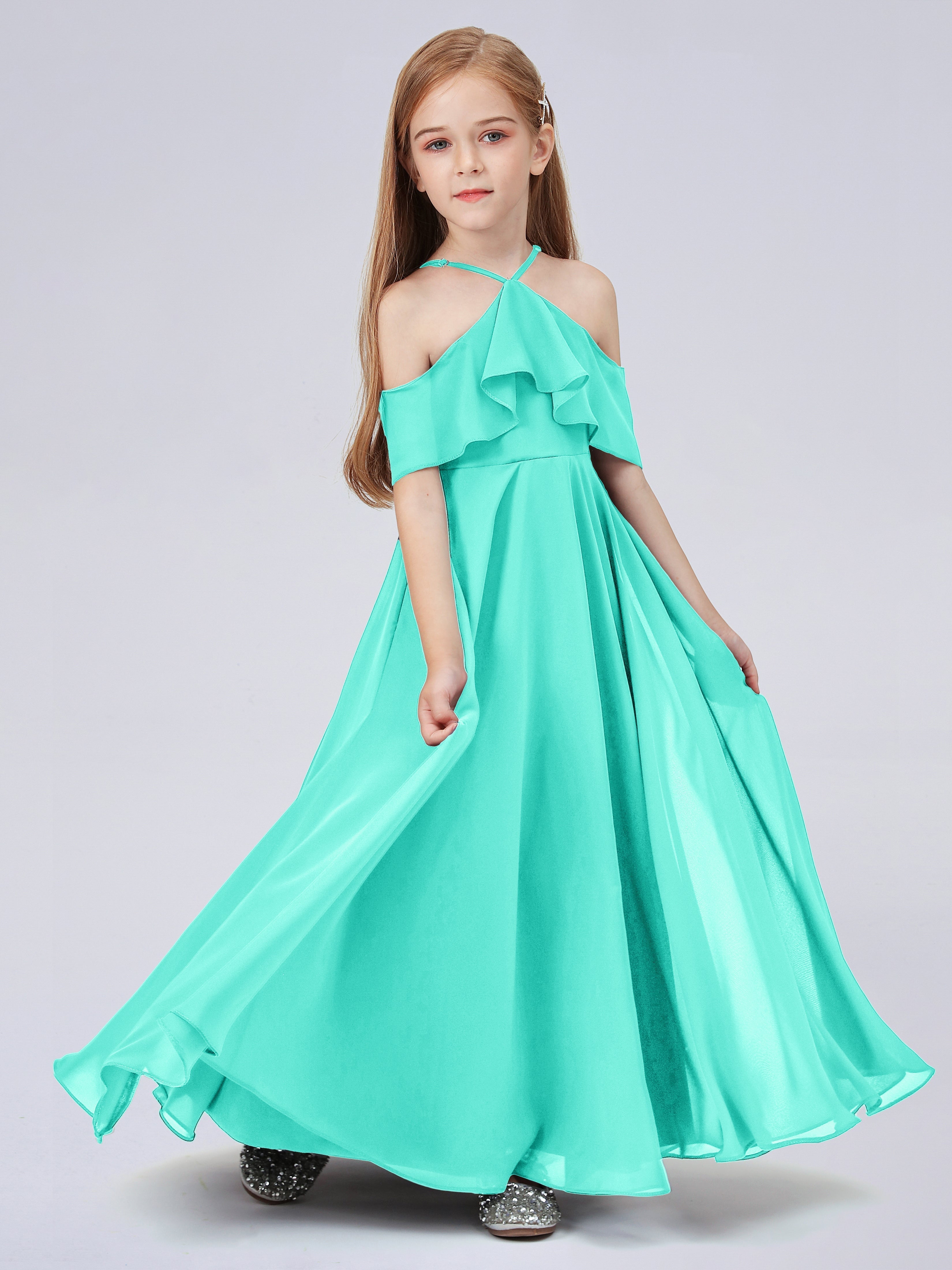 Schulterfreies Chiffon Kleid für Junge Brautjungfern mit Falten