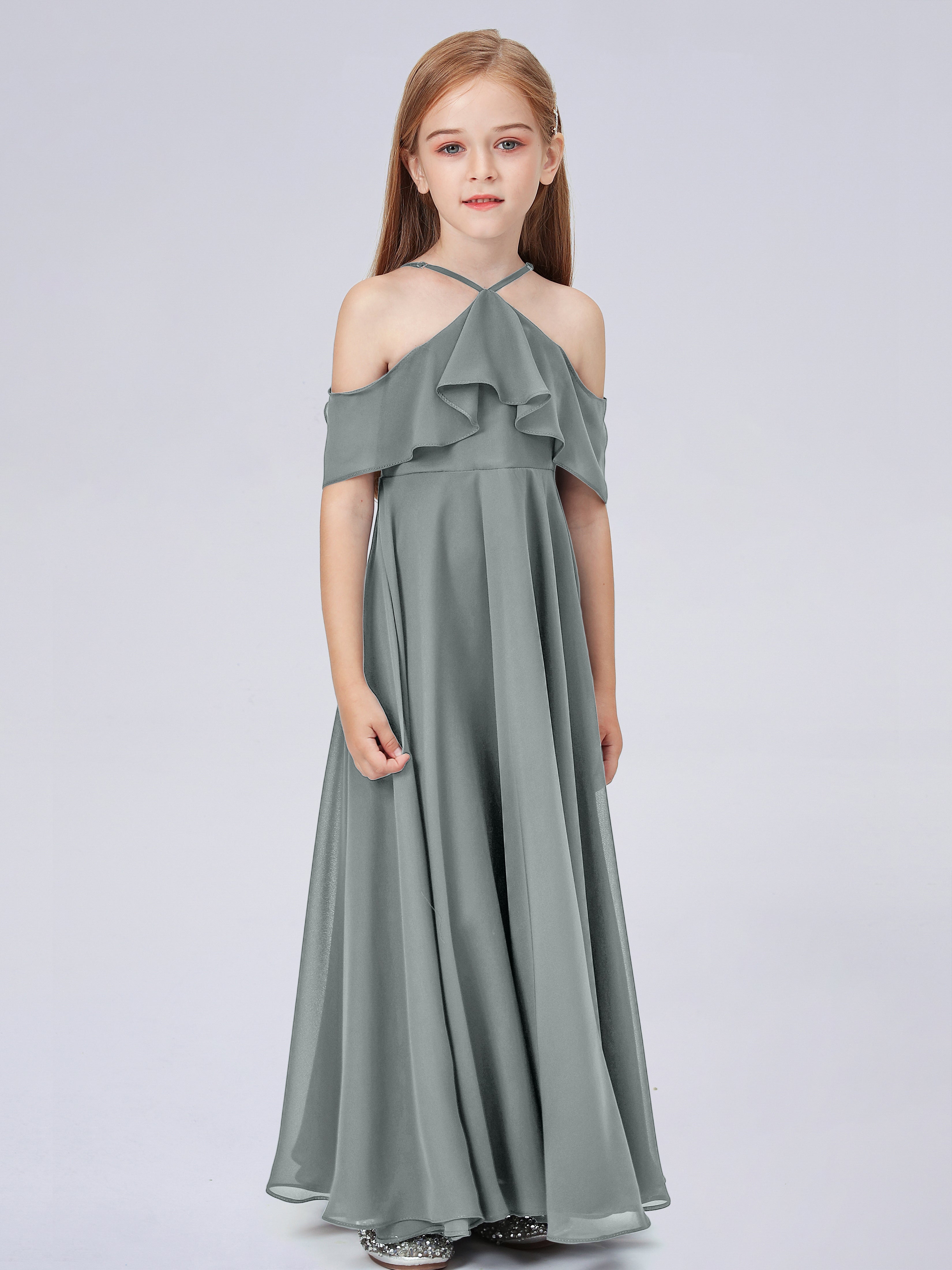 Schulterfreies Chiffon Kleid für Junge Brautjungfern mit Falten