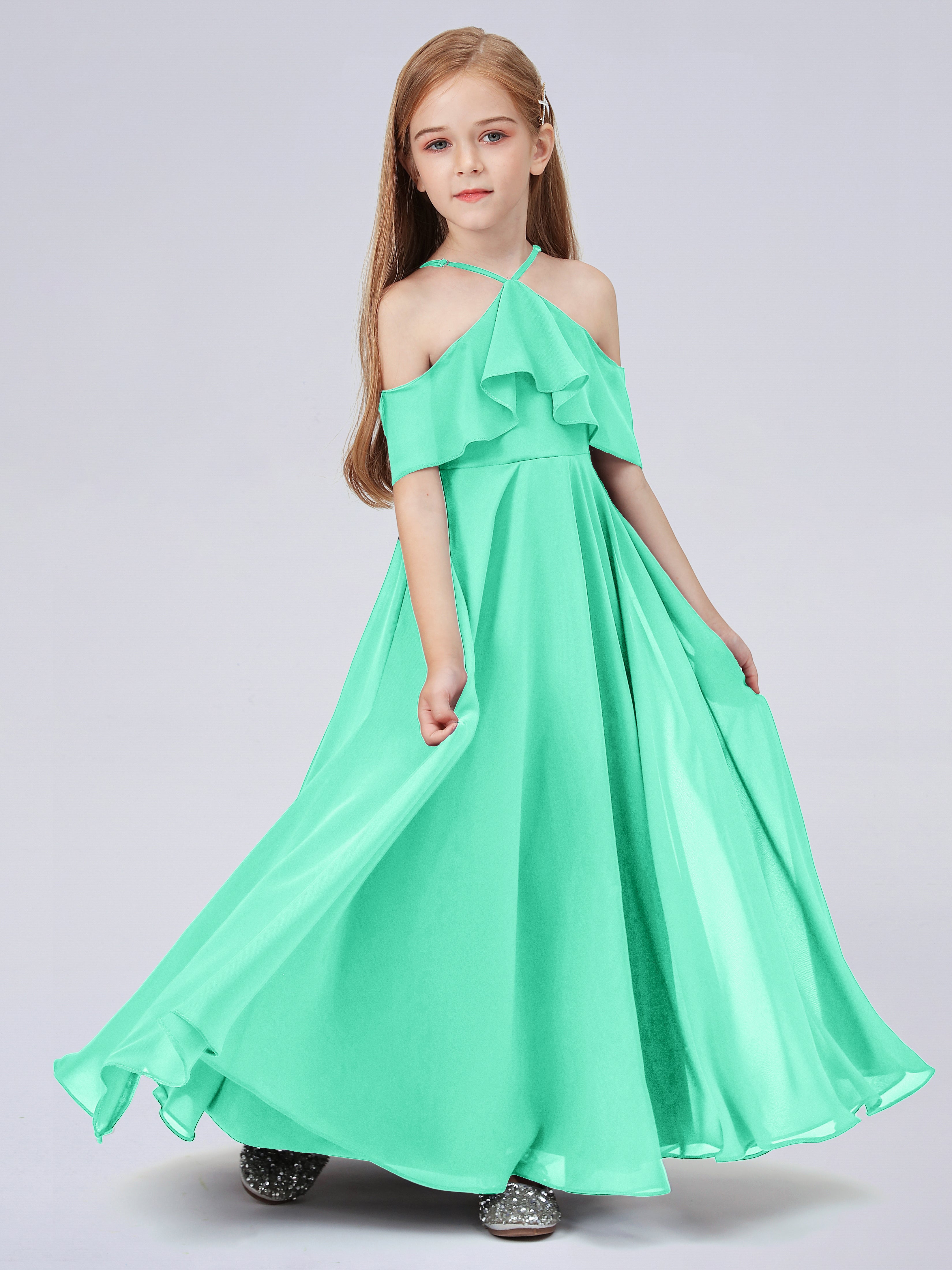 Schulterfreies Chiffon Kleid für Junge Brautjungfern mit Falten