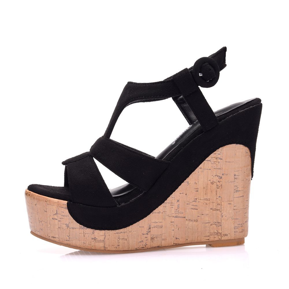 Wildleder-Holzmaserung Peeptoe-Plateau-Wedges-Sandalen