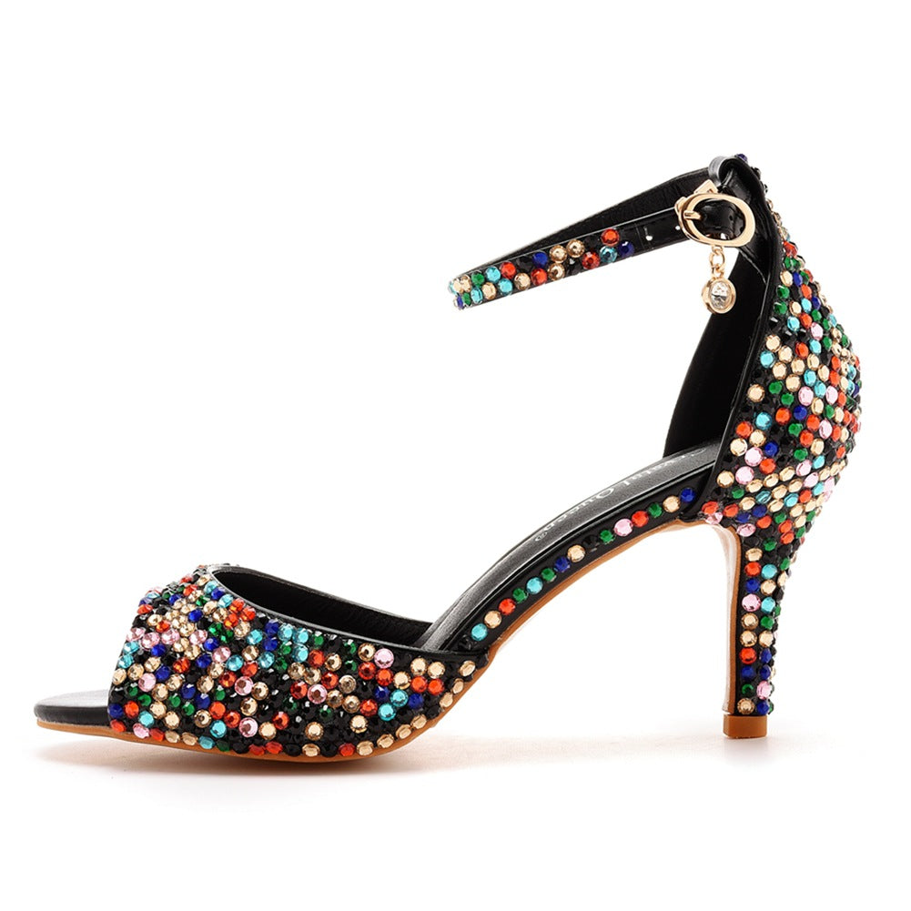 Strass Flache Peeptoe-Knöchelriemen-High-Heel-Sandalen