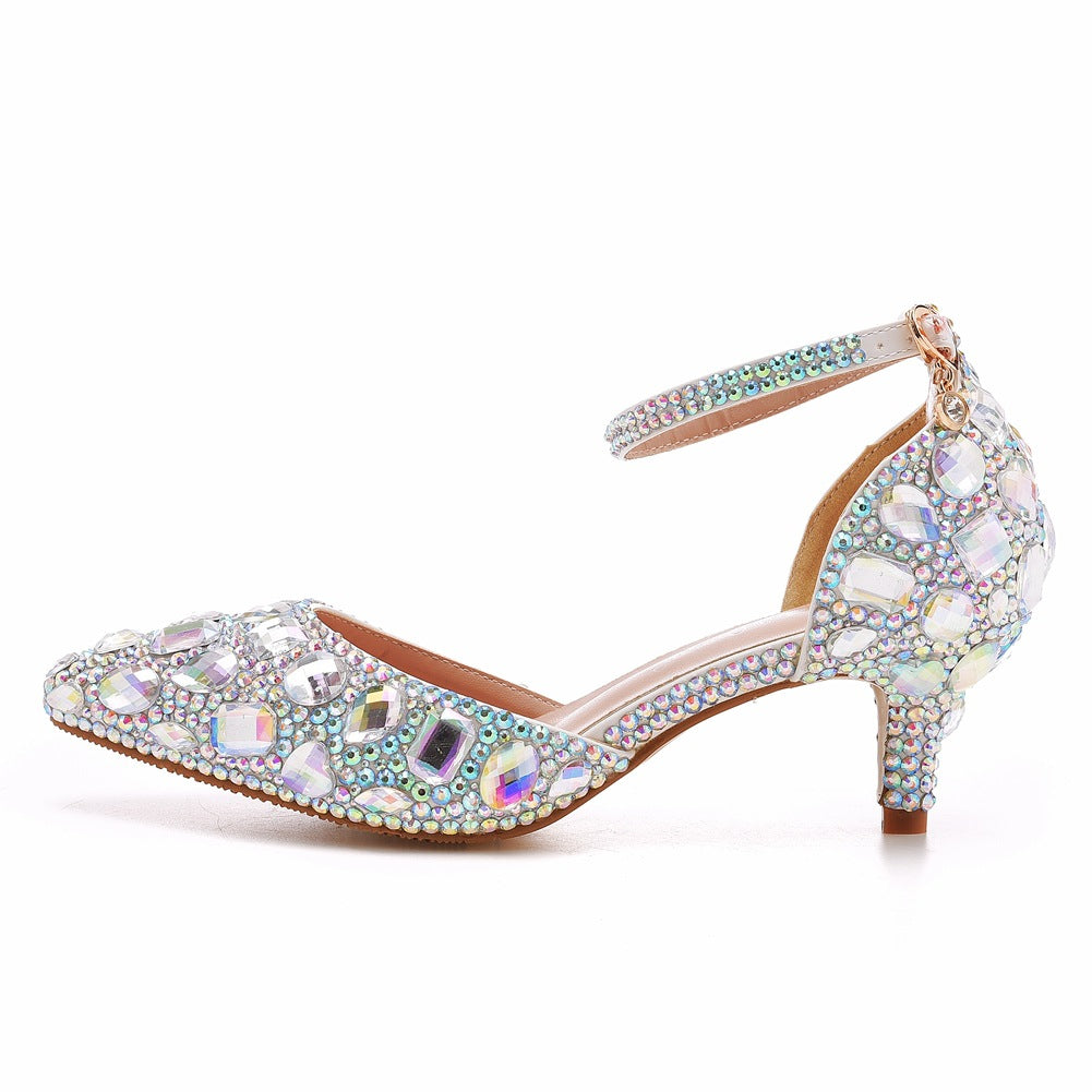 Spitze Zehen Kristalldiamant Knöchelriemen Kitten Heels