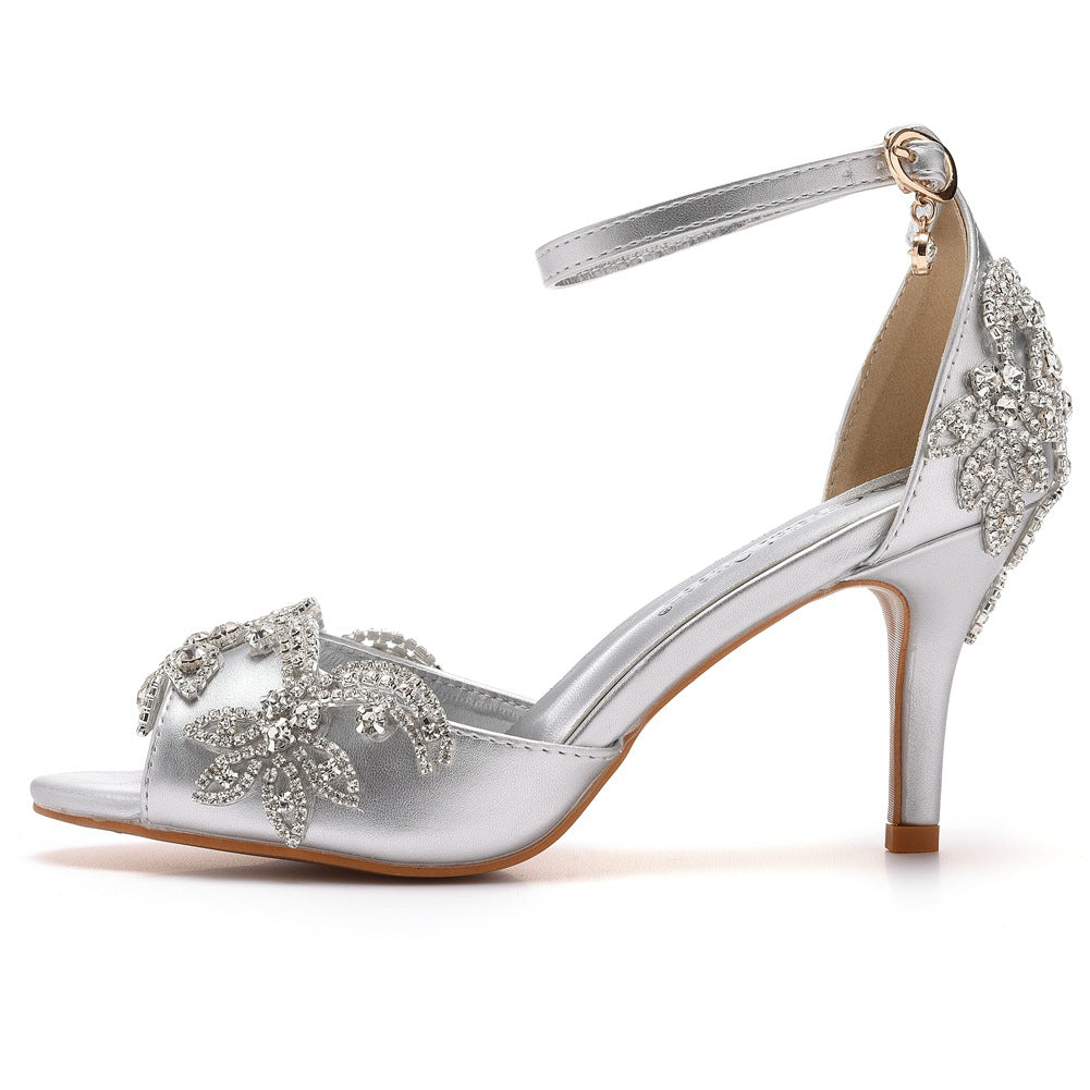 Peep Toe Satin Strass Knöchelriemen High Heels