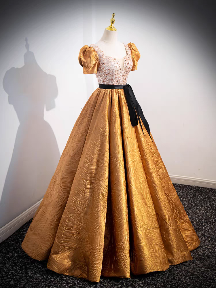 Gold Puffärmel V-Ausschnitt Pailletten Mieder Quinceanera Kleid