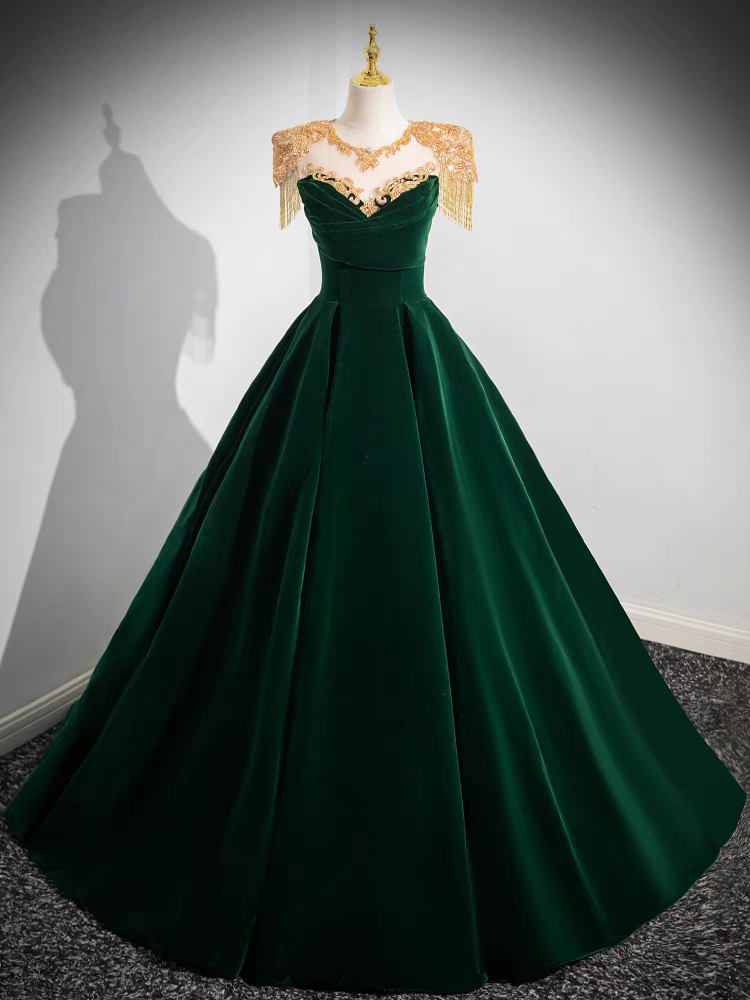 Dunkelgrünes Samt-Abschlussballkleid Vintage Gold Perlenausschnitt Quinceanera Kleid