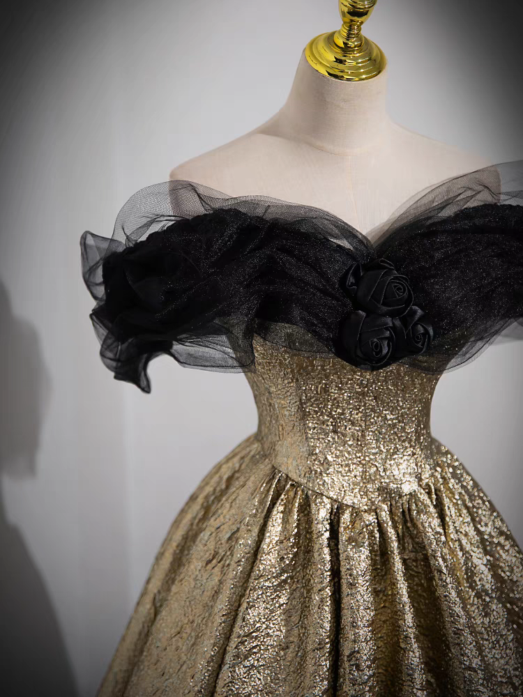 Vintage Black Tulle Neckline Prom Dress Gold Glitter Satin Quinceanera Dress