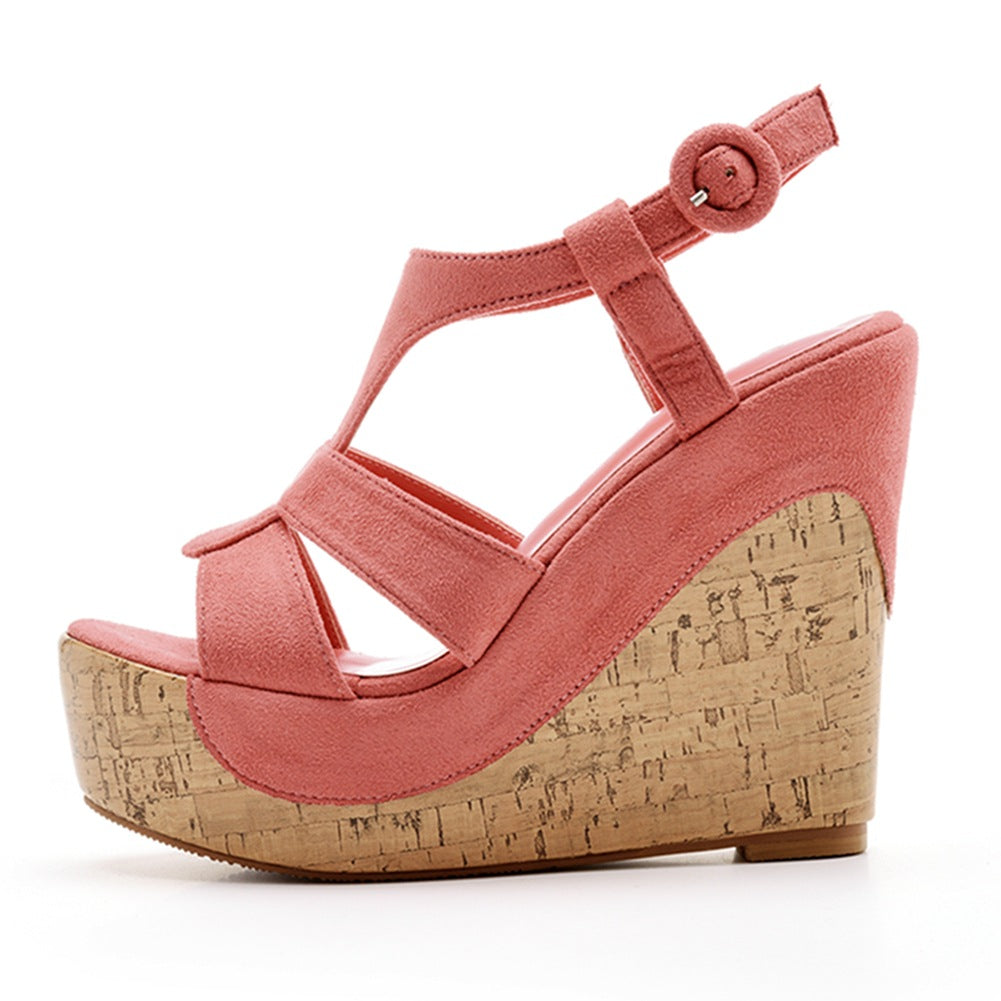 Wildleder-Holzmaserung Peeptoe-Plateau-Wedges-Sandalen