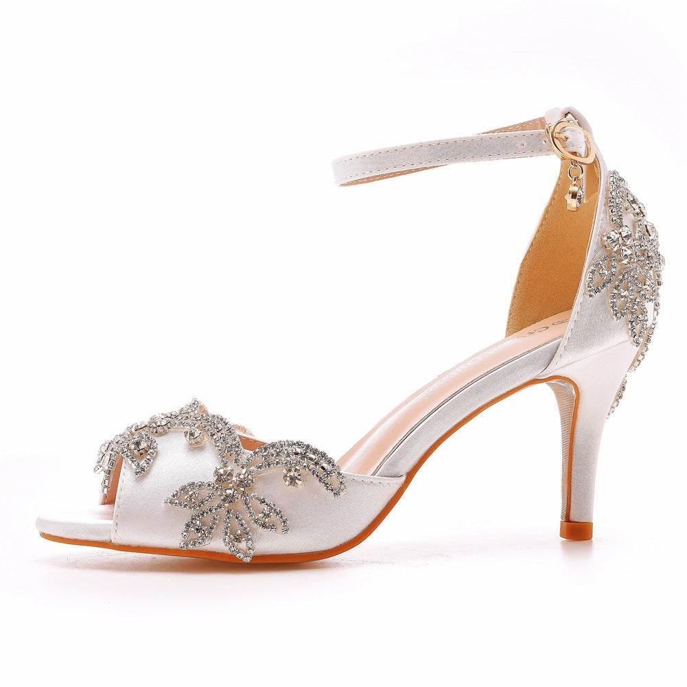 Peep Toe Satin Strass Knöchelriemen High Heels